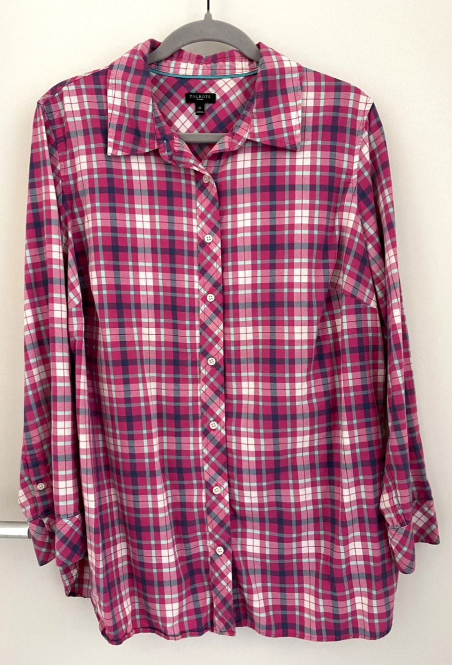 Talbots Plus 1X Pink Plaid Cotton Button Down Shirt Long Sleeve Casual